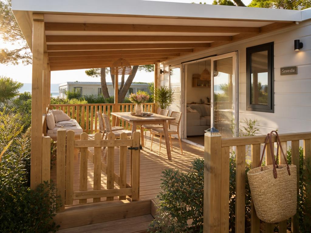 Terrasse couverte d'un mobil-home, mobilier en bois et vue dégagée